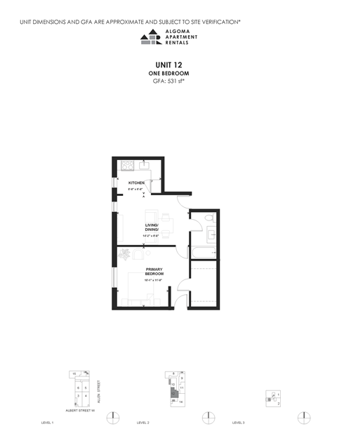 Floor plan for 1 bed, 1 bath, 531 sqft